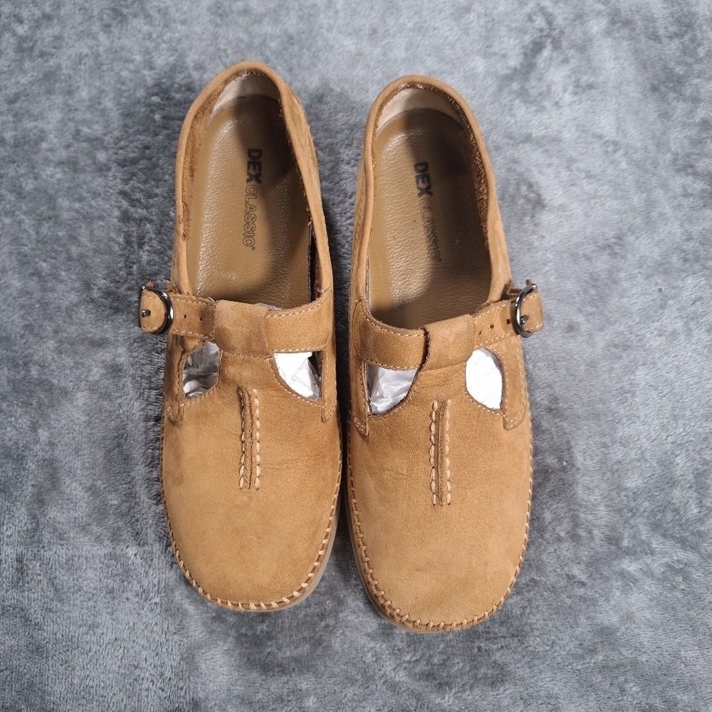Dex Classic Leather T-Bar Confort Shoes Women's Size 7W Tan Mary Jane Boho Chic - Picture 2 of 8